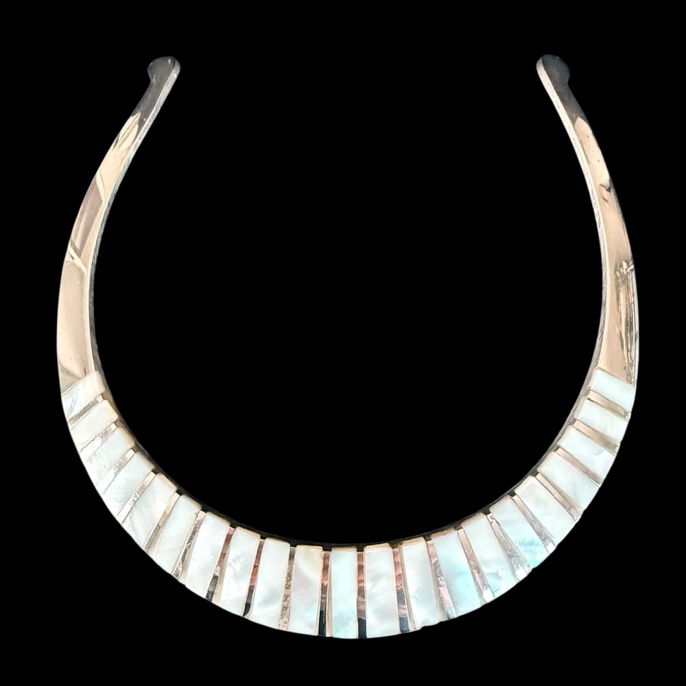 Stunning Vintage Silver Plated Collar Necklace with Inlaid Mother of Pearl